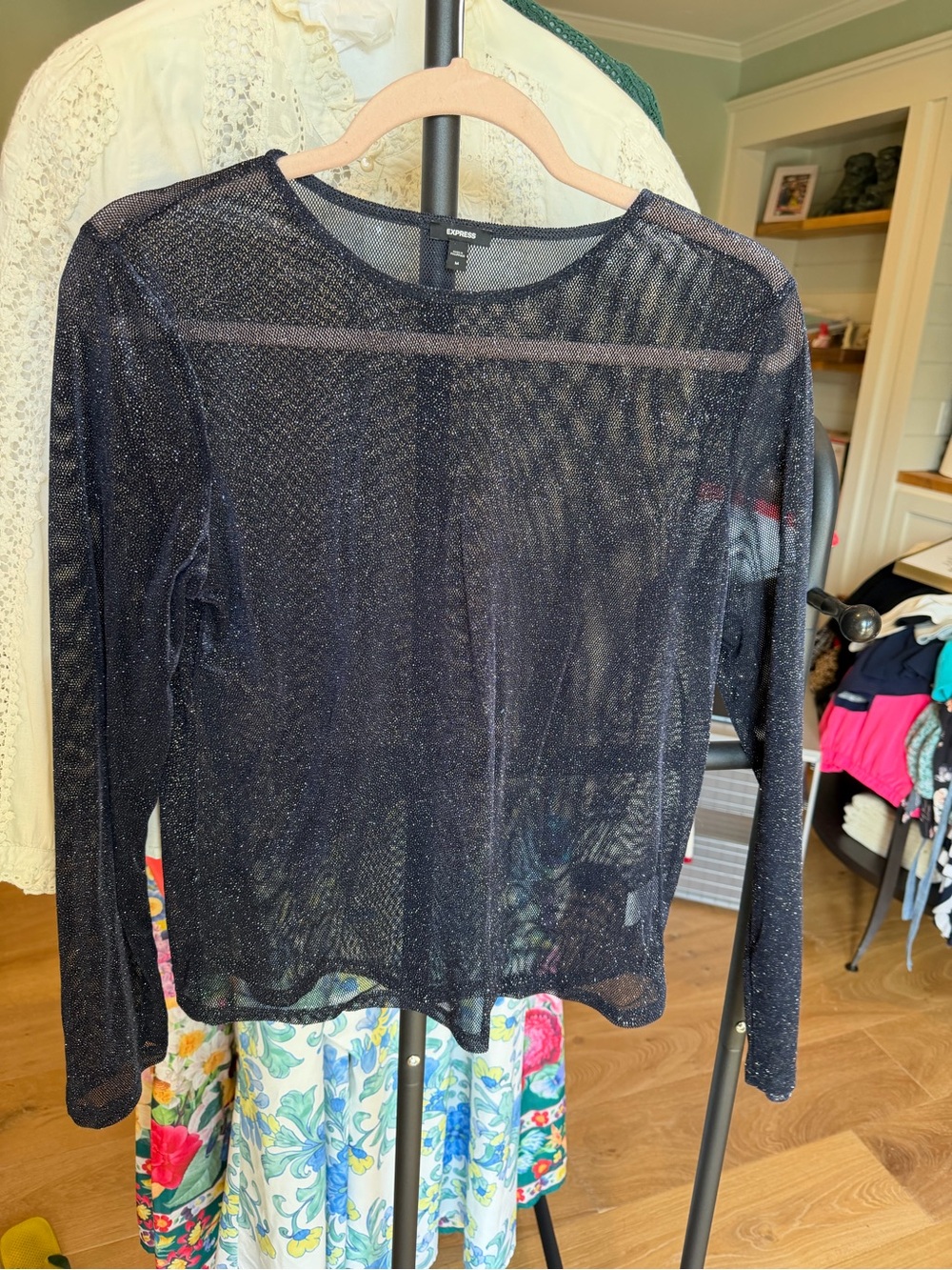 Express Navy Sheer Metallic Long-Sleeve Top